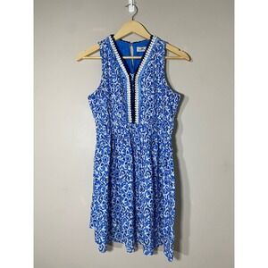 Vineyard Vines Girls Blue Tile Print Floral Pintuck Sleeveless Dress Size LARGE